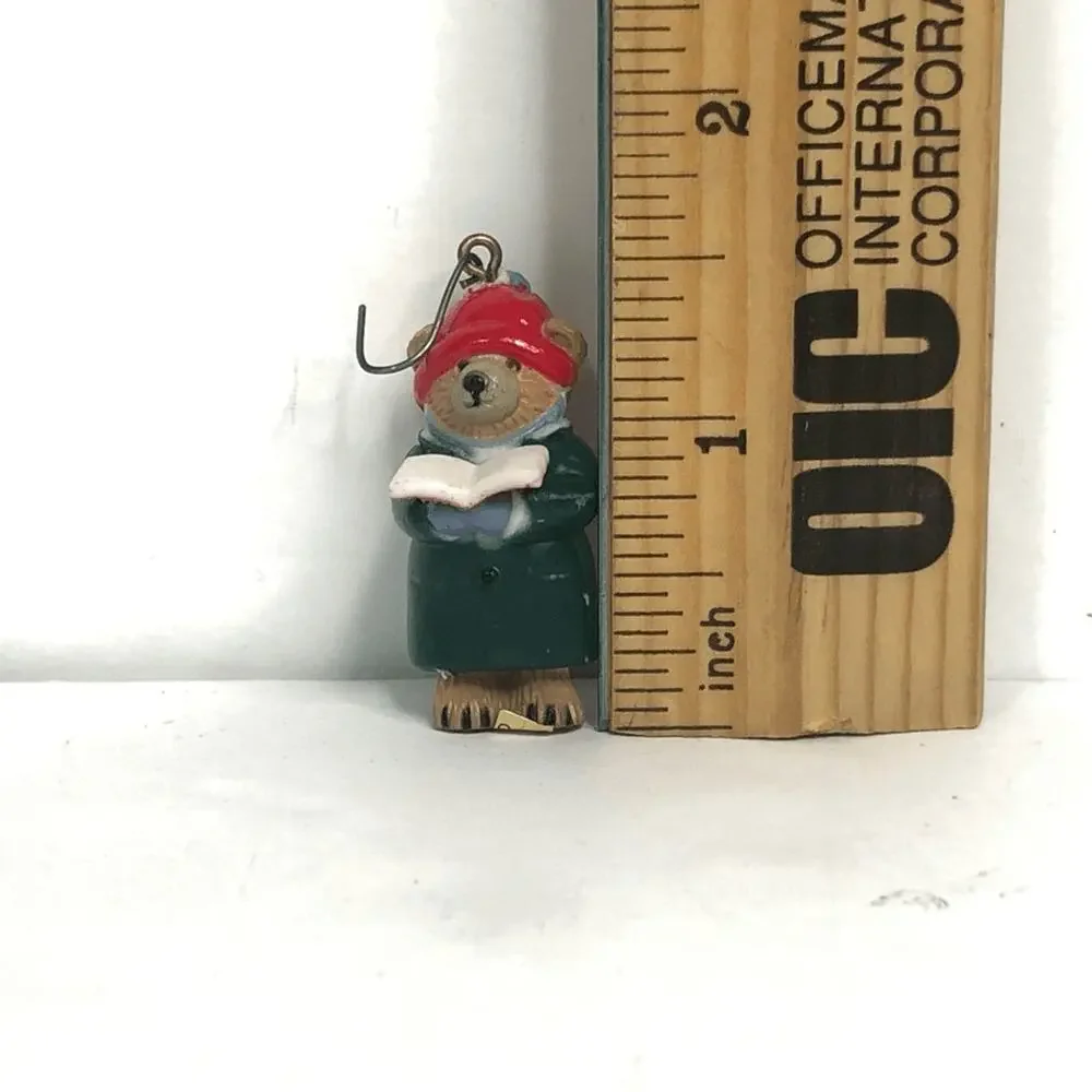 vintage miniature bear in hat caroling book ornament plastic 1.5 inches‎